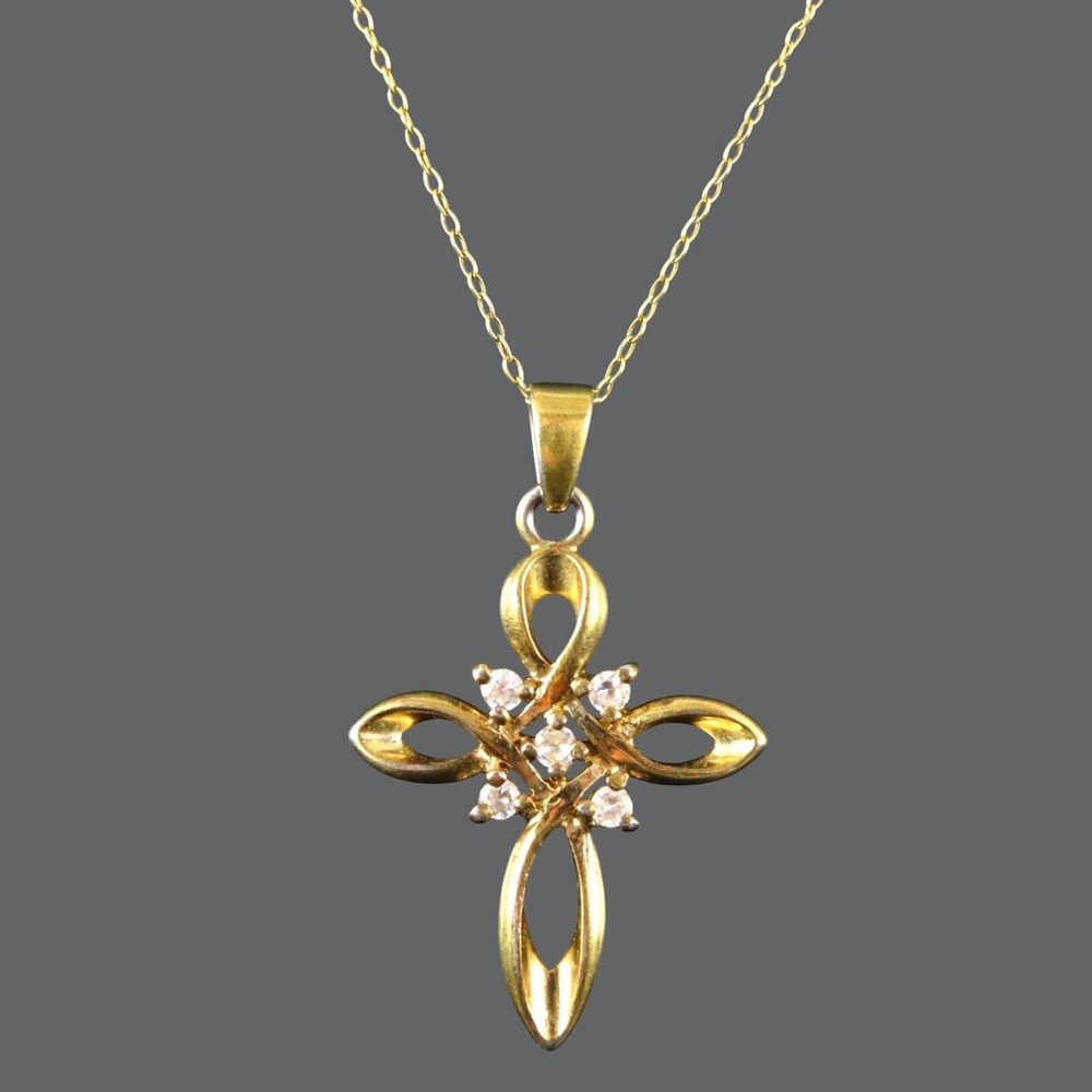 DANECRAFT 14K Yellow Gold OVER STERLING 18" Chain Necklace CZ CROSS PENDANT